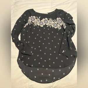 LOFT Navy Long Sleeve Crew Neck Sheer Floral Women's Blouse Size Medium